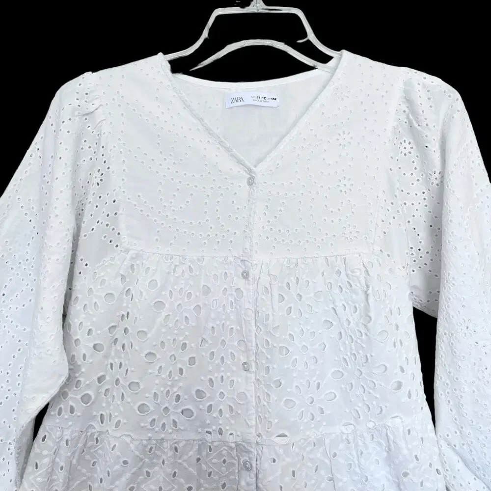 Zara Girls White Eyelet Embroidered Dress V Neck Long Sleeve Cottagecore 6